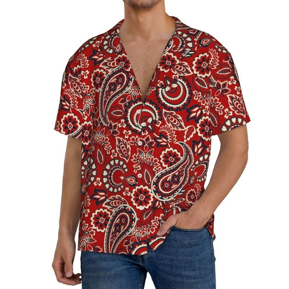 Rateoe Vintage Red Paisley Pattern Men's Short Sleeve Classic Shirt, Casual Short-Sleeved Shirt, Lightweight Summer Shirt, Cuban Collar Shirt,Button-Front Shirt-X-Large