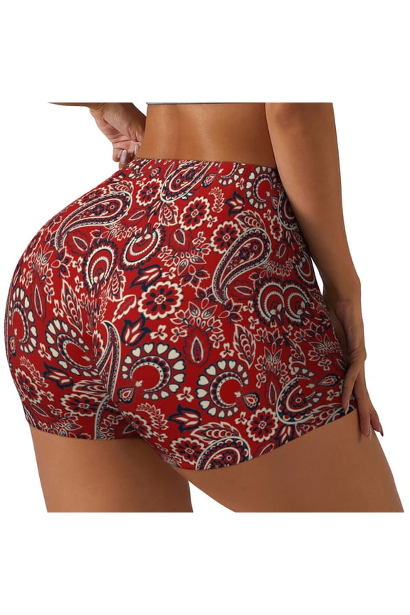 Vintage Red Paisley Printed Power Workout Shorts for Women Tummy Control Squat Proof Ribbed Thick Seamless Scrunch Active Short-Large