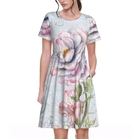 Rateoe Vintage Rose Pattern Women’s Short Sleeve Dress – Casual Elegant Summer A-Line Dress for Everyday Wear