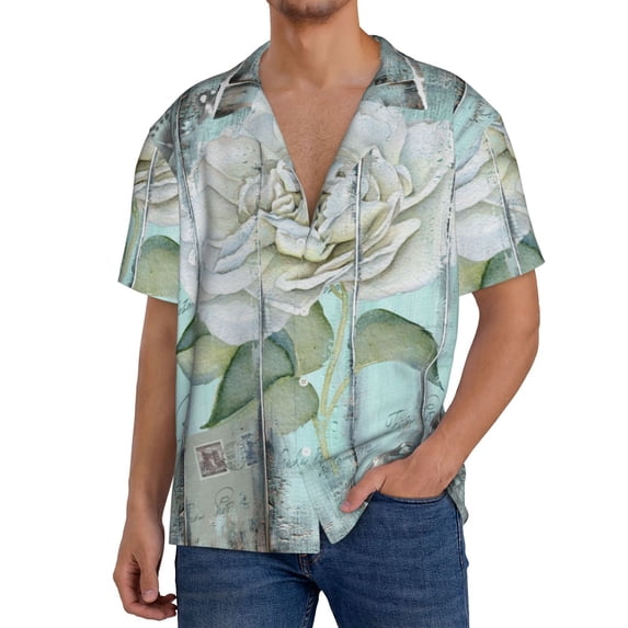 Rateoe Vintage Rose1 Pattern Men's Short Sleeve Classic Shirt, Casual Short-Sleeved Shirt, Lightweight Summer Shirt, Cuban Collar Shirt,Button-Front Shirt-4X-Large