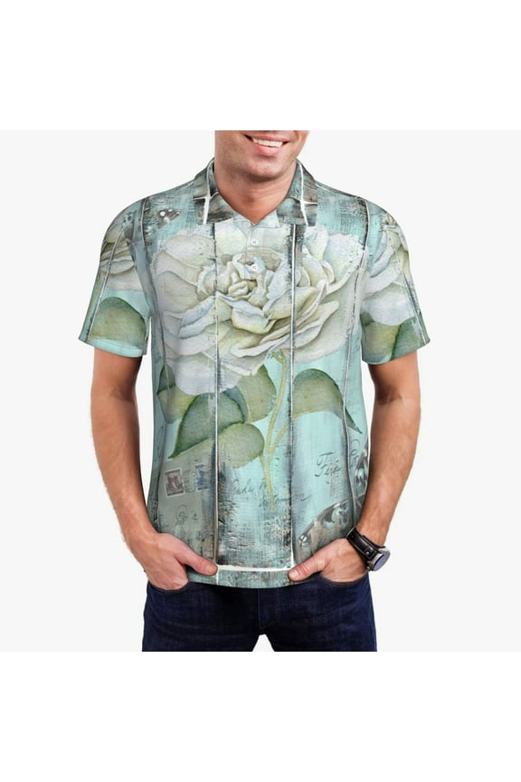 Vintage Rose1 Pattern Men's Short Sleeve Polo Shirts, Golf Polo Shirts Short Sleeve Performance Moisture Wicking Dry-Large