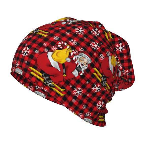 Rateoe Vintage Santa Skiing Red Plaid Kids Beanie Warm Knit Beanie Hats Boys Girls Winter Hat Soft Slouchy Hats for Kids