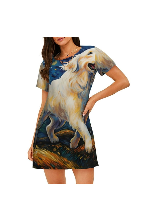 Vintage Starry Sky Labrador Print Women’s Nightdress – Cozy Cotton Short-sleeved Sleep Shirt, Loose-Fit Sleepwear, Perfect for Relaxing and Sleeping