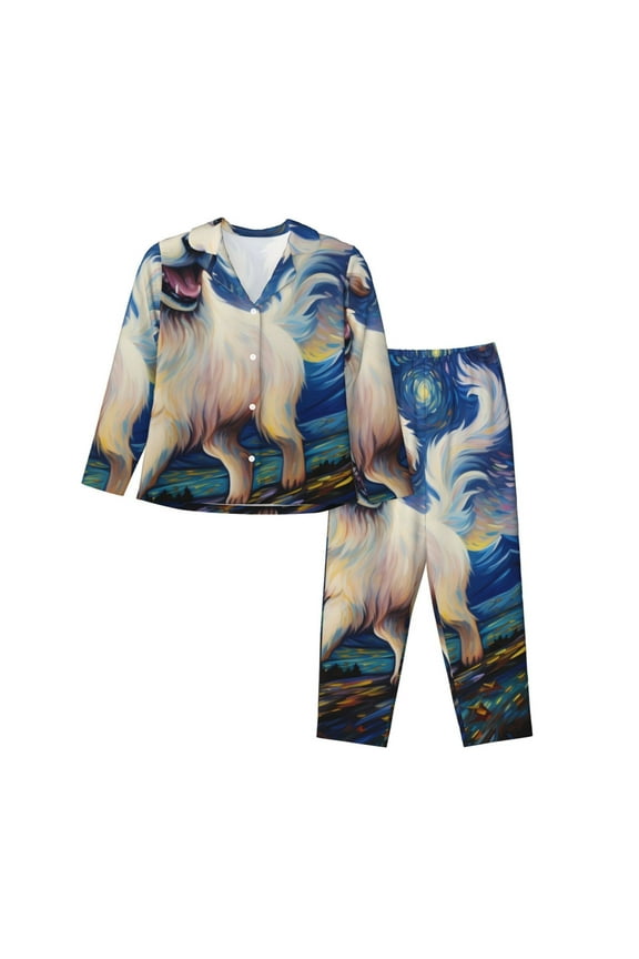 Vintage Starry Sky Puppy Pattern Womens Pajamas Set Long Sleeve Sleepwear Button Down Nightwear Soft Cotton Pj Lounge Sets