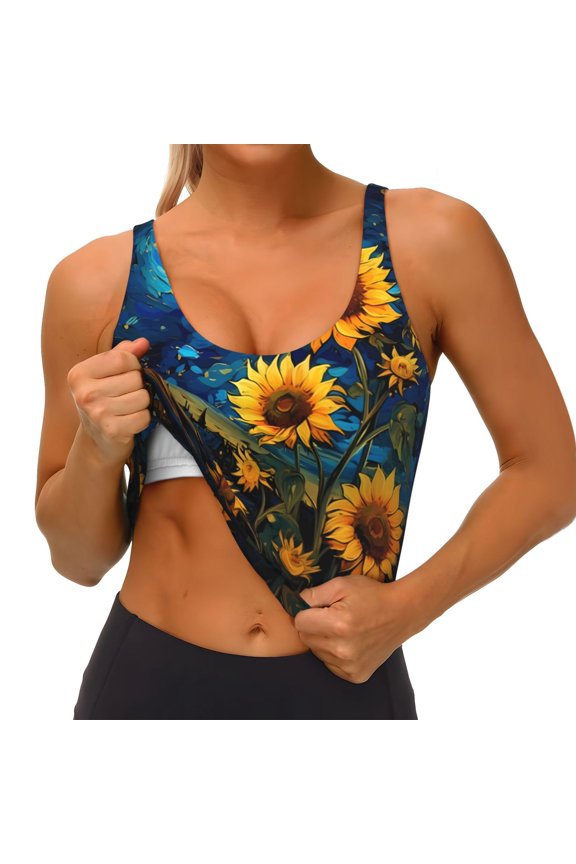 Vintage Starry Sky Sunflower Print Womens' Sports Bras Scoop Neck Sports Vest- Padded U Back Seamless High Impact Support