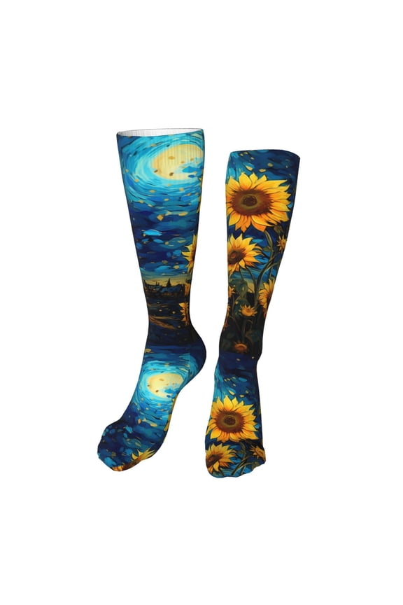 Vintage Starry Sky Sunflower print Women's Men's Novelty 20in Crew Socks Cotton Socks Knee High Socks for Walking,Running,Nurses,Pregnancy-One Size