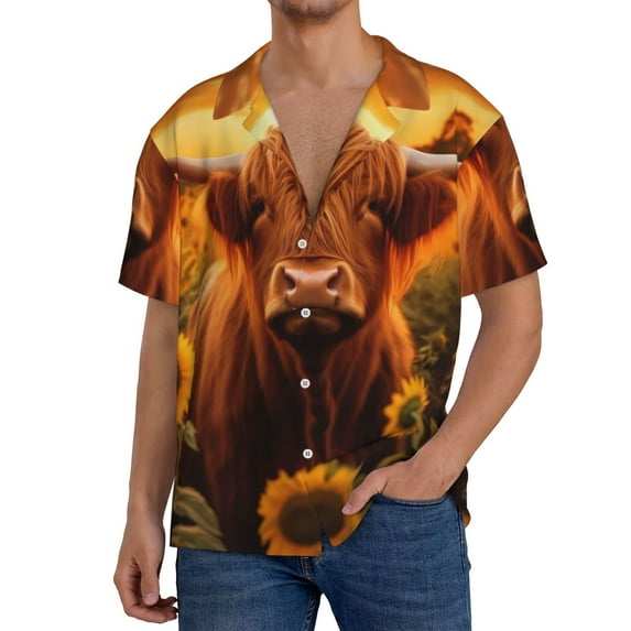 Rateoe Vintage Sunflower Cow B Pattern Men's Short Sleeve Classic Shirt, Casual Short-Sleeved Shirt, Lightweight Summer Shirt, Cuban Collar Shirt,Button-Front Shirt-XX-Large