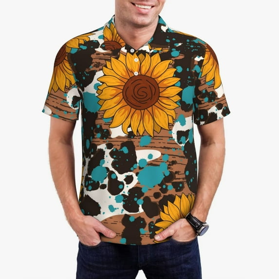 Rateoe Vintage Sunflowes Pattern Men's Short Sleeve Polo Shirts, Golf Polo Shirts Short Sleeve Performance Moisture Wicking Dry-Small