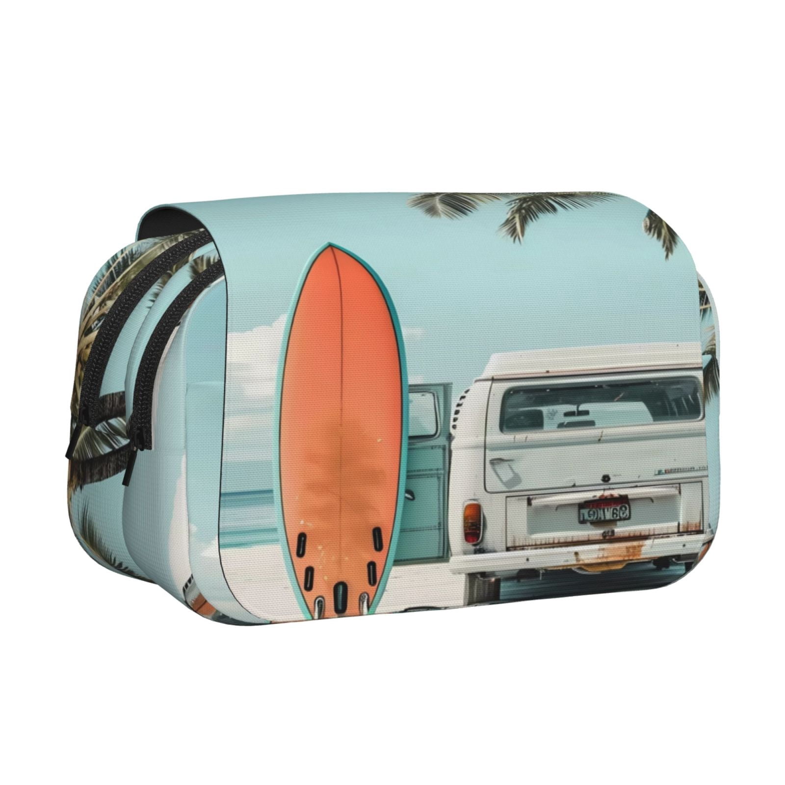 Rateoe Vintage Surf Van Beach Pattern Double Clamshell Pen Case, Storage Organizer with Two Zipper Compartments– Holds Up to 50 Pencils & Pens
