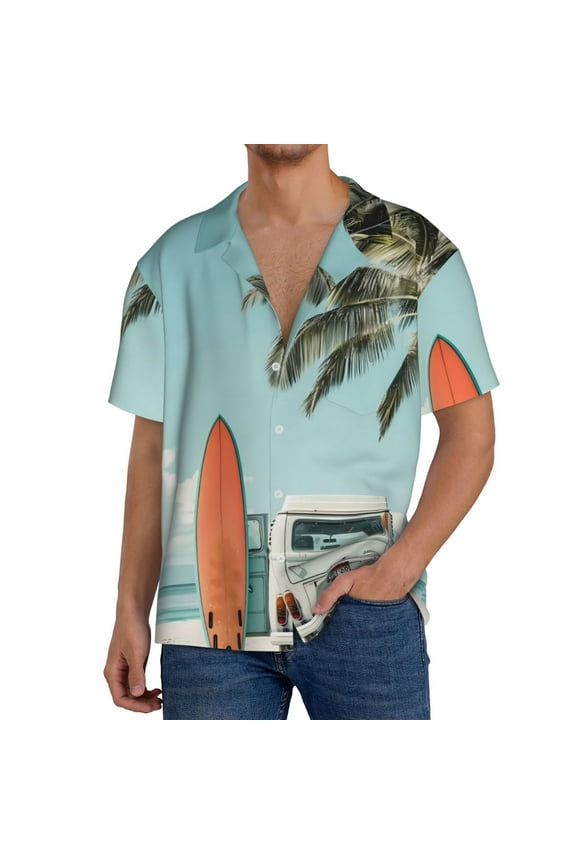 Vintage Surf Van Beach Pattern Men's Short Sleeve Classic Shirt, Casual Short-Sleeved Shirt, Lightweight Summer Shirt, Cuban Collar Shirt,Button-Front Shirt-Medium