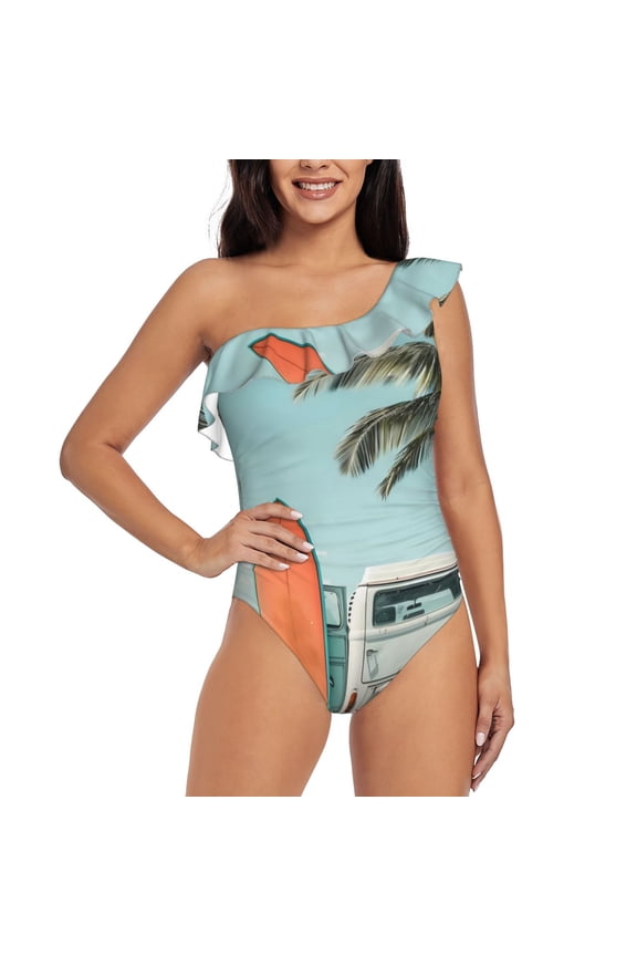 Vintage Surf Van Beach Pattern Women One Piece Swimsuits Tummy Control One Shoulder Bathing Suits Ruffle Swimwear-Medium