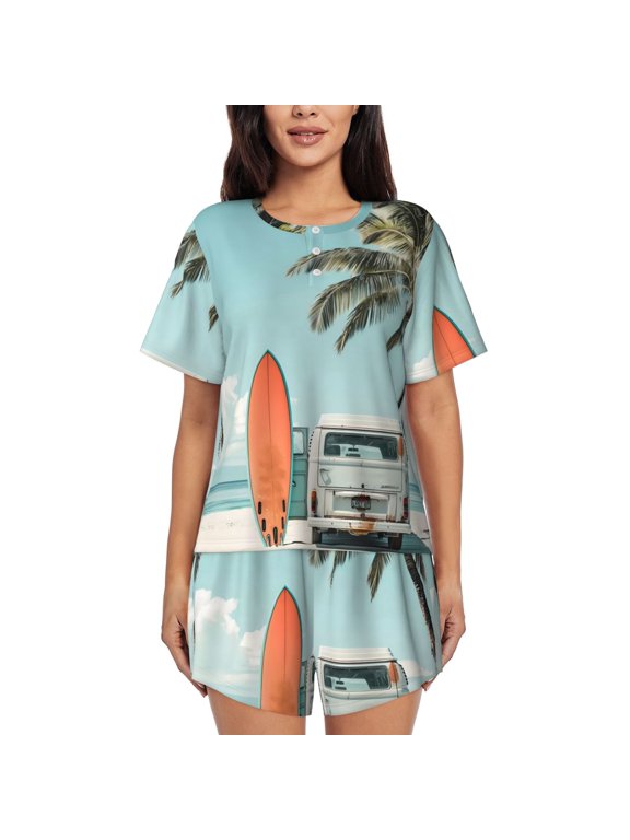 Vintage Surf Van Beach Pattern Women's Short-Sleeved Pajama Set - 2 Piece Soft and Lightweight Sleepwear Set-X-Large