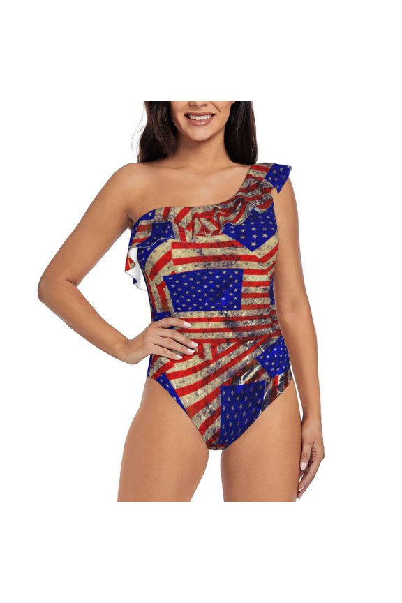 Vintage USA Flag Pattern Women One Piece Swimsuits Tummy Control One Shoulder Bathing Suits Ruffle Swimwear-