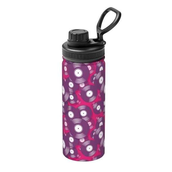 Rateoe Vintage Vinyl Record Printed 18oz Sports Insulated Water Bottle, Double-Wall Stainless Steel Kettle with Leak-Proof Cap and Carry Loop, BPA-Free for Outdoor, Gym, Camping, and Travel
