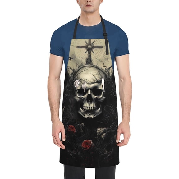Rateoe Vintage Winged Rose Skull Aprons with Pocket,Men Womens Aprons Waterproof Adjustable Cooking Aprons for Kitchen Gardening and Salon