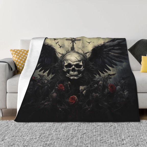 Rateoe Vintage Winged Rose Skull Pattern Flannel Throw Blanket, Ultra-soft Blanket for Bed, Couch, Car, Hypoallergenic Anti-pilling blanket-60"x50"(Horizontal)