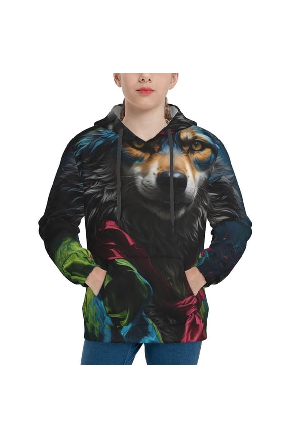 Vintage Wolf Warrior Pattern Boys Hoodie, Youth Pullover Hooded Sweatshirt, Kangaroo Pocket Hoodie for Kids-Small