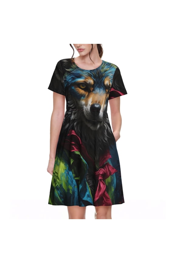 Vintage Wolf Warrior Pattern Women’s Short Sleeve Dress – Casual Elegant Summer A-Line Dress for Everyday Wear