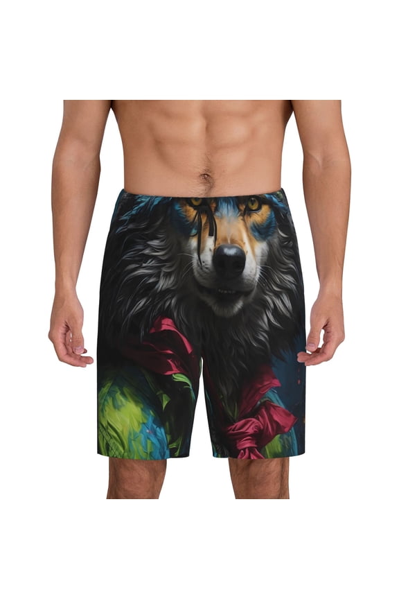 Vintage Wolf Warrior Print Men's Lounge Shorts – Soft & Breathable Pajama Bottoms with Pockets, Elastic Waistband, Lightweight Sleepwear for Nightwear & Loungewear-