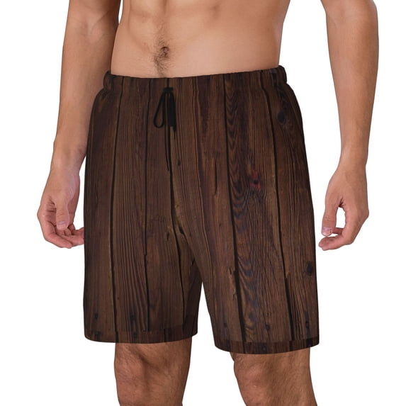Rateoe Vintage Wood Pattern Men’s Swim Shorts with Compression Liner – Double-Layered Quick-Dry Swimwear, Comfortable & Stretchy Beach Shorts-XX-Large