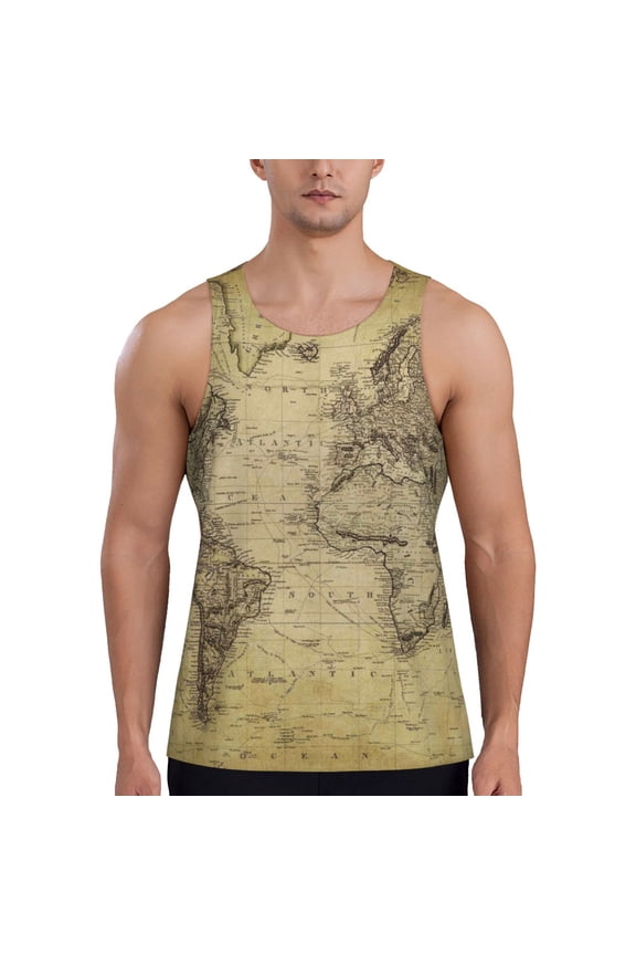 Vintage World Map Pattern Sleeveless Gym Shirt Muscle Tee Breathable Workout Shirt Slim-Fit Tank Quick Dry Fit Muscle Tank Top Bodybuilding Sleeveless T Shirt-3X-Large