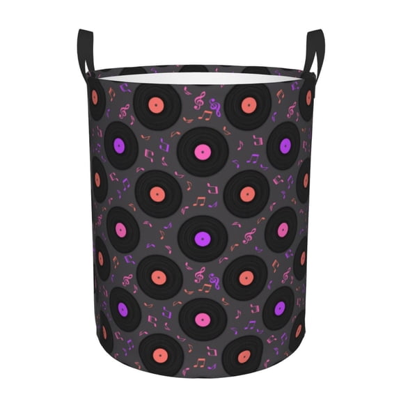 Rateoe Vinyl Records Musical Notes Pattern Round Laundry Hamper Basket, Tall Hamper Basket for Blanket Storage, Nursery Clothes Hamper for Laundry in Bedroom and College Dorm-