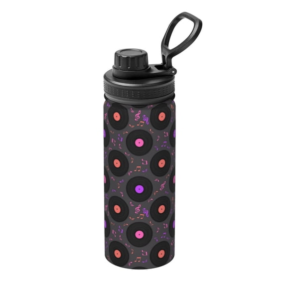 Rateoe Vinyl Records Musical Notes Printed 18oz Sports Insulated Water Bottle, Double-Wall Stainless Steel Kettle with Leak-Proof Cap and Carry Loop, BPA-Free for Outdoor, Gym, Camping, and Travel
