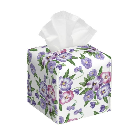Rateoe Violets Flowers Pattern Tissue Box Cover, Modern Square Decorative Leather Facial Paper Case Organizer Holder Dispenser 5X5X5''