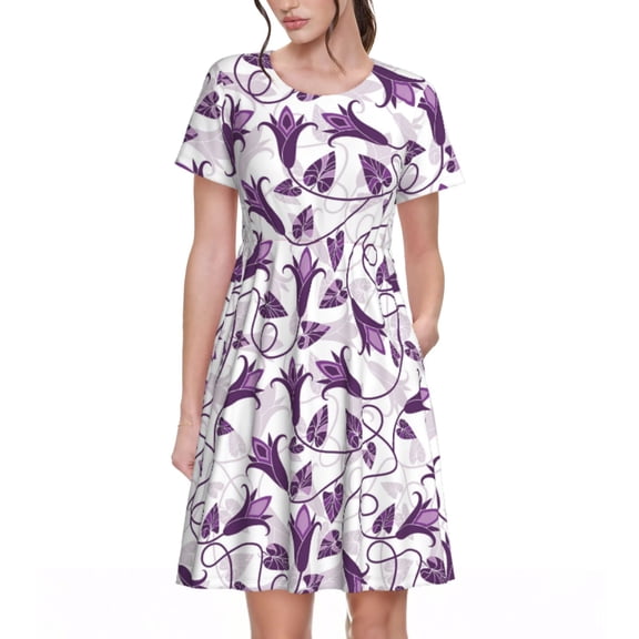 Rateoe Violets Flowers Pattern Women’s Short Sleeve Dress – Casual Elegant Summer A-Line Dress for Everyday Wear