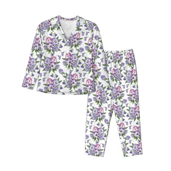 Rateoe Violets Flowers Pattern Womens Pajamas Set Long Sleeve Sleepwear Button Down Nightwear Soft Cotton Pj Lounge Sets