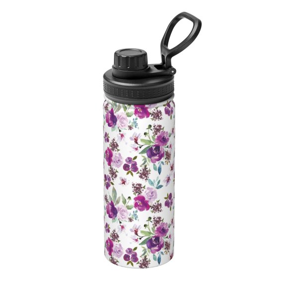 Rateoe Violets Flowers Printed 18oz Sports Insulated Water Bottle, Double-Wall Stainless Steel Kettle with Leak-Proof Cap and Carry Loop for Outdoor, Gym, Camping, and Travel