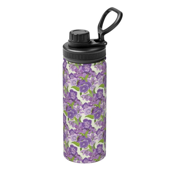 Rateoe Violets Flowers Printed 18oz Sports Insulated Water Bottle, Double-Wall Stainless Steel Kettle with Leak-Proof Cap and Carry Loop, BPA-Free for Outdoor, Gym, Camping, and Travel