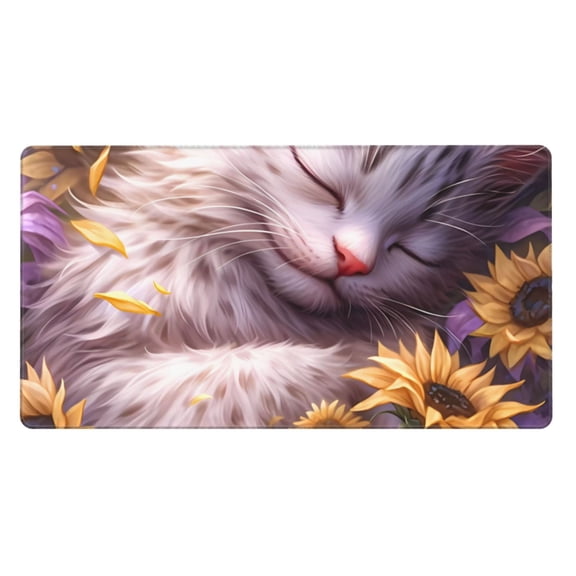Rateoe Warm Sunflower Sleeping Cat Print Mouse Pad - Extended Large Gaming Mousepad,Non-Slip Stitched Edge,16x29.5 Inch