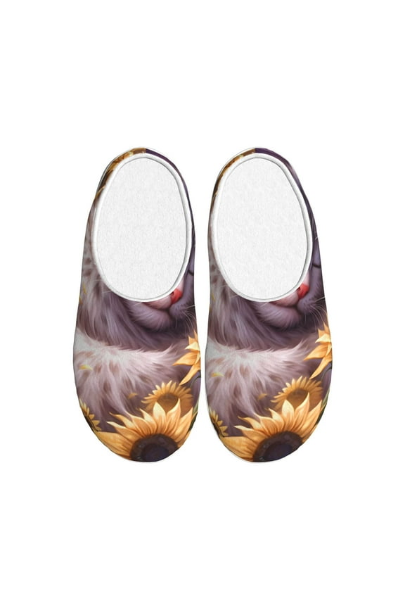 Warm Sunflower Sleeping Cat Print Women's Men's Cotton Knit Slippers Lightweight Memory Foam Indoor House Shoes with Anti-Skid Sole-37/38