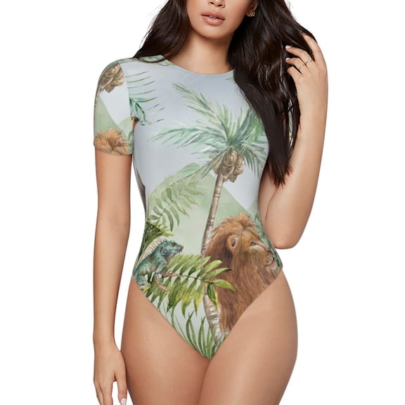 Rateoe Watercolor African Animals Wildlife Printed Women Rash Guard Short Sleeve,Tummy control Swimsuit Surfing Swimsuit Bathing Suit Short-sleeved Onesie UPF 50  -X-Large