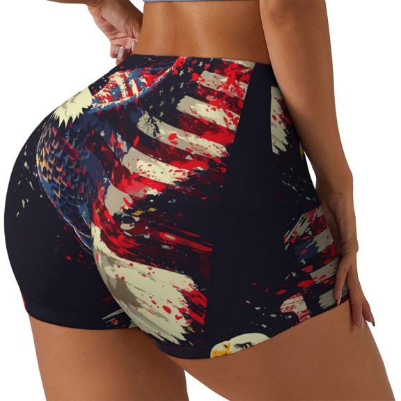 Rateoe Watercolor Bald Eagle Printed Power Workout Shorts for Women Tummy Control Squat Proof Ribbed Thick Seamless Scrunch Active Short-Medium