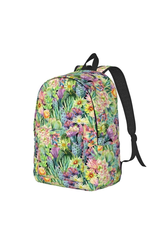Blooming Cactus Pattern Durable Canvas Backpack for Men & Women – Stylish & Lightweight – Adjustable Straps, Multiple Pockets – Fits 15-17 Inch LaptopsMedium