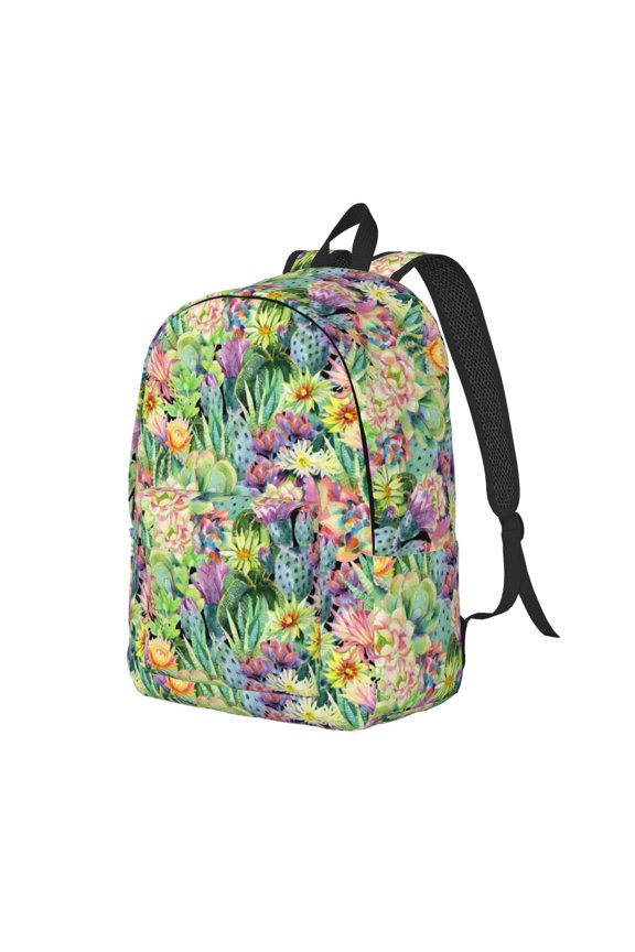 Watercolor Blooming Cactus Pattern Durable Canvas Backpack for Men & Women – Stylish & Lightweight – Adjustable Straps, Multiple Pockets – Fits 15-17 Inch LaptopsSmall