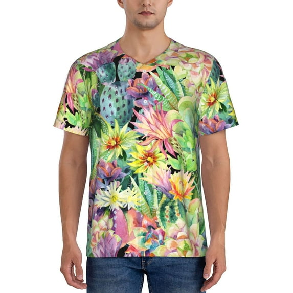 Rateoe Watercolor Blooming Cactus Pattern Men’s Baseball Short Sleeve Polo Shirt, Midweight Men's Shirt Golf Shirt Polo Shirts Quick Dry Short-Small