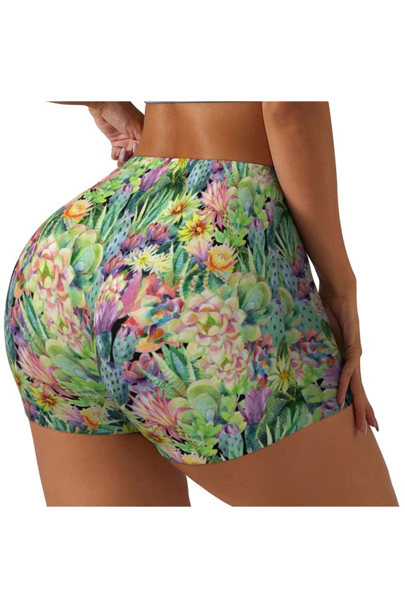 Watercolor Blooming Cactus Printed Power Workout Shorts for Women Tummy Control Squat Proof Ribbed Thick Seamless Scrunch Active Short-Medium