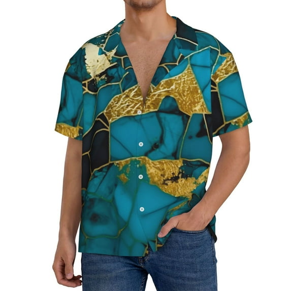 Rateoe Watercolor Blue Marbled Pattern Men's Short Sleeve Classic Shirt, Casual Short-Sleeved Shirt, Lightweight Summer Shirt, Cuban Collar Shirt,Button-Front Shirt-Medium