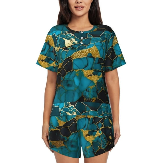 Rateoe Watercolor Blue Marbled Pattern Women's Short-Sleeved Pajama Set - 2 Piece Soft and Lightweight Sleepwear Set-Small