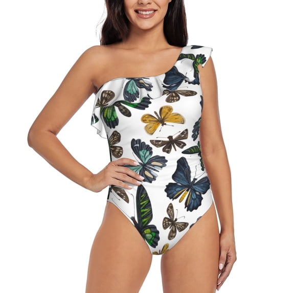 Rateoe Watercolor Butterflies Pattern Women One Piece Swimsuits Tummy Control One Shoulder Bathing Suits Ruffle Swimwear-