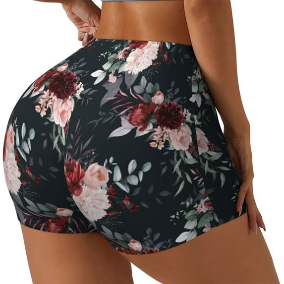 Rateoe Watercolor Floral Printed Power Workout Shorts for Women Tummy Control Squat Proof Ribbed Thick Seamless Scrunch Active Short-Medium