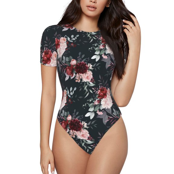 Rateoe Watercolor Floral Printed Women Rash Guard Short Sleeve,Tummy control Swimsuit Surfing Swimsuit Bathing Suit Short-sleeved Onesie UPF 50+ -Medium