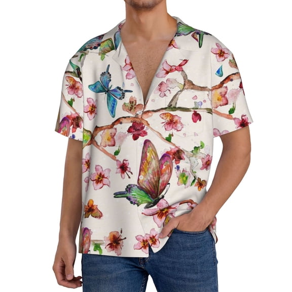 Rateoe Watercolor Floral With Butterflies Print Mens Front Pocket Hawaiian Shirts Casual Shirts Short Sleeve Button Down Beach Tropical Shirts-Medium