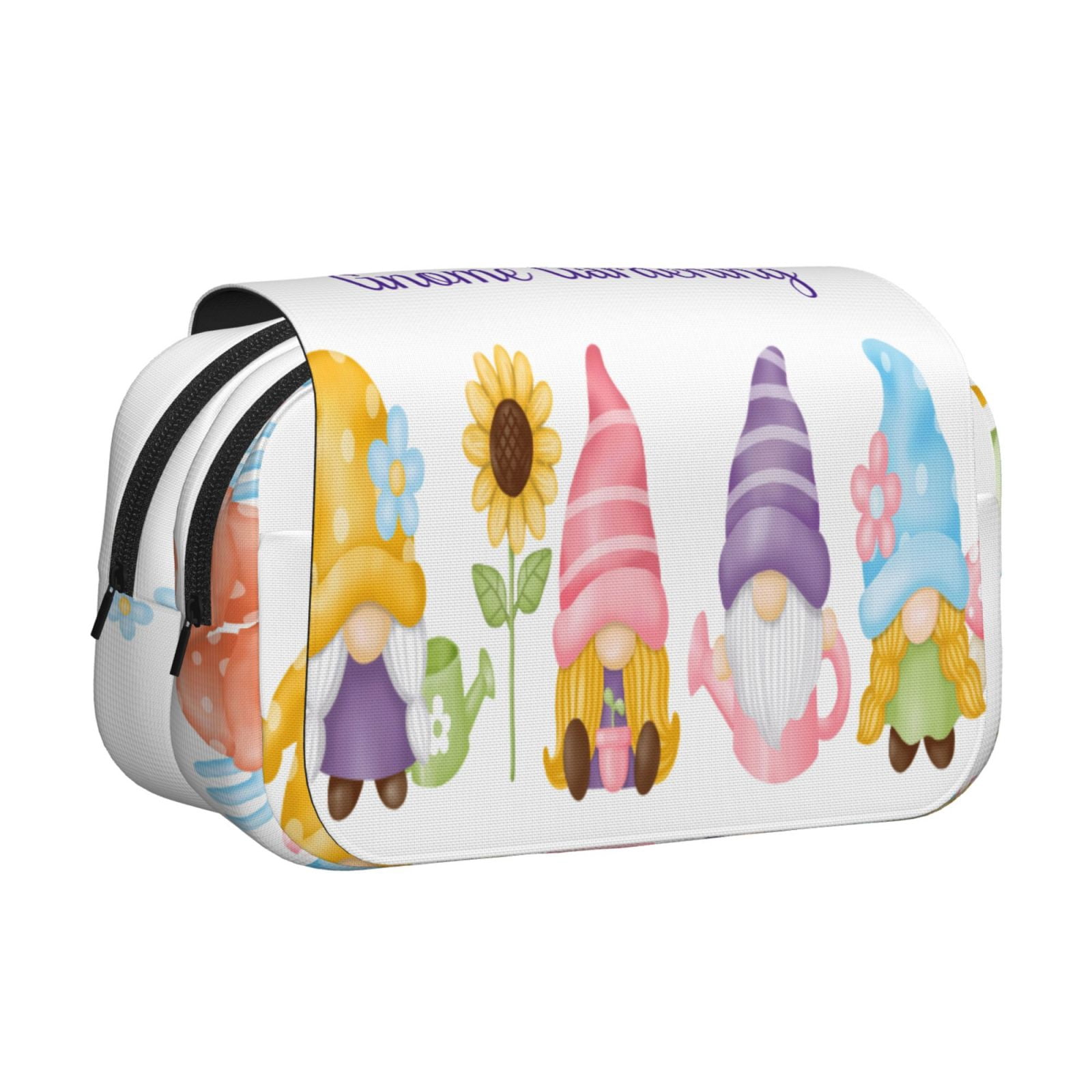 Rateoe Watercolor Gnome Garden Pattern Double Clamshell Pen Case, Storage Organizer with Two Zipper Compartments– Holds Up to 50 Pencils & Pens