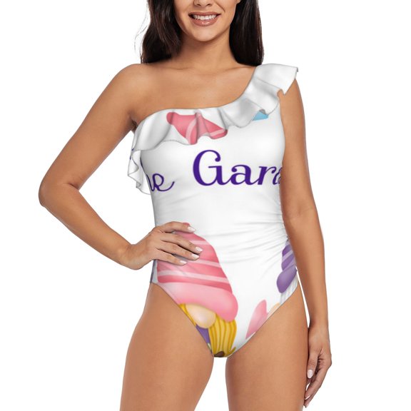 Rateoe Watercolor Gnome Garden Pattern Women One Piece Swimsuits Tummy Control One Shoulder Bathing Suits Ruffle Swimwear-
