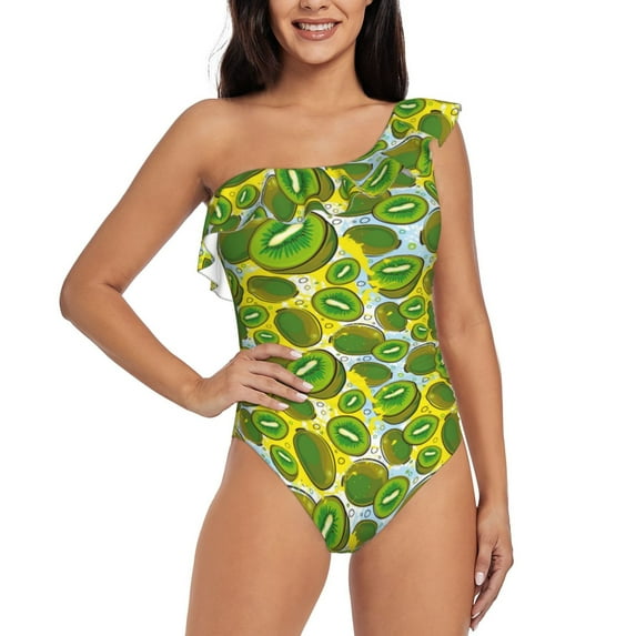 Rateoe Watercolor Kiwi Fruits Summer Pattern Women One Piece Swimsuits Tummy Control One Shoulder Bathing Suits Ruffle Swimwear-XX-Large