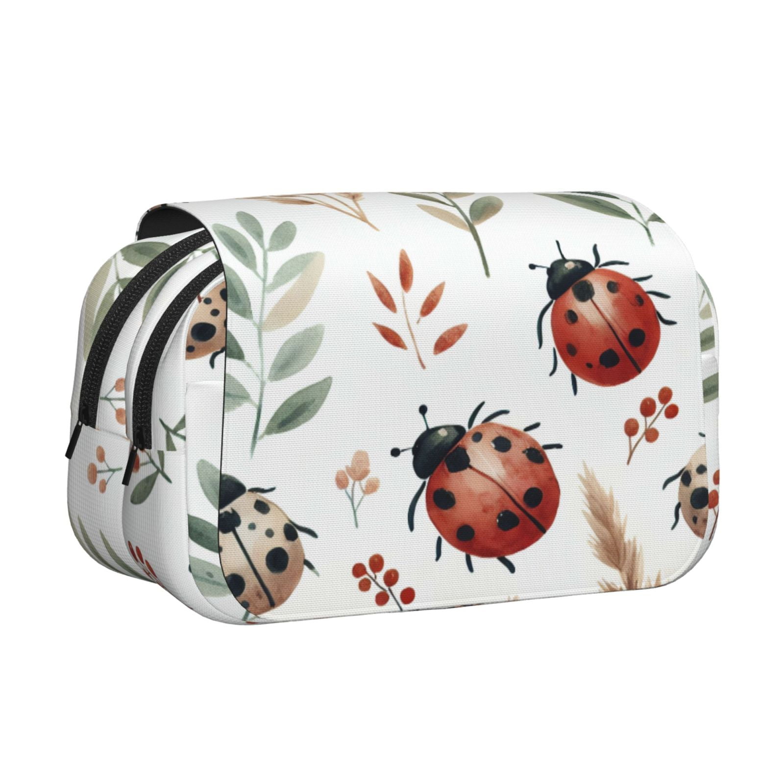 Rateoe Watercolor Ladybug Pattern Double Clamshell Pen Case, Storage Organizer with Two Zipper Compartments– Holds Up to 50 Pencils & Pens
